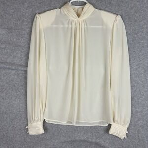 Vtg 80s Blouse Pleated Front Shoulder Pads Button Back Cream Mockneck Sz 6 USA